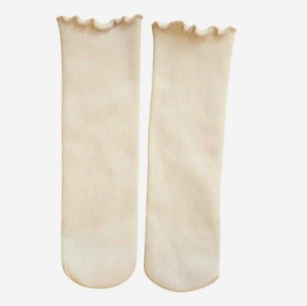 Cream Fleece Lined Socks Ribbed Ruffle Mid-calf Cozy Soft Socks